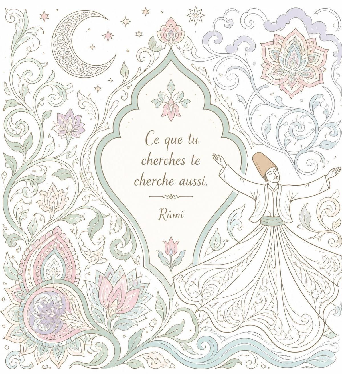 plongez dans l'univers apaisant de rumi avec notre coloriage, une invitation à découvrir la poésie en couleurs pour éveiller créativité et sérénité.